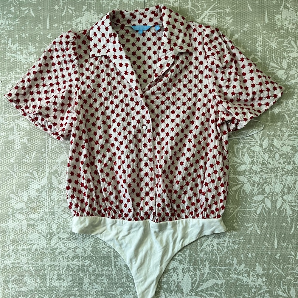 Draper James Red Floral Print Button-Front Bodysuit with White Trim